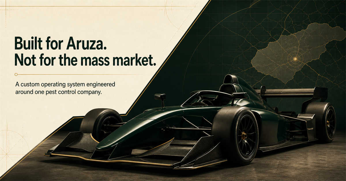 A bespoke dark-green race car representing Centerpoint, the custom sales platform engineered for Aruza